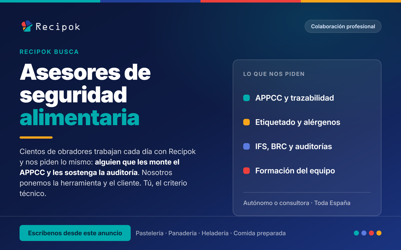 Buscamos asesores de seguridad alimentaria para colaborar con obradores de toda